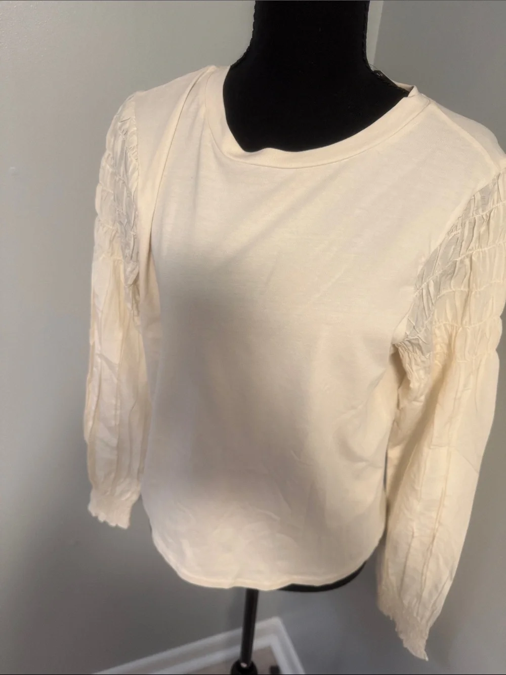 Madewell Cream Smocked Puff-Sleeve Long-Sleeve Top